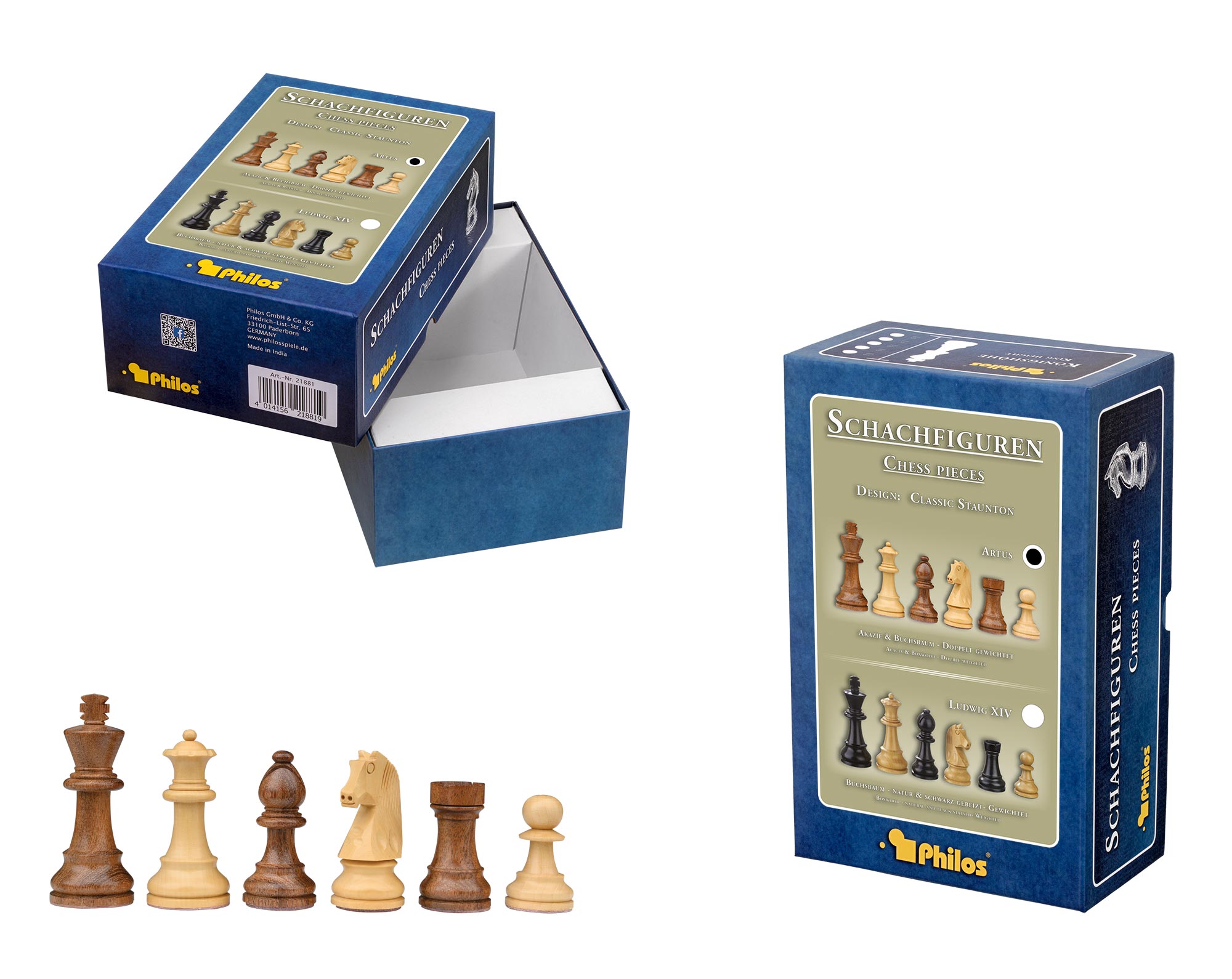 Chess pieces Artus, king height 78 mm, in set-up box