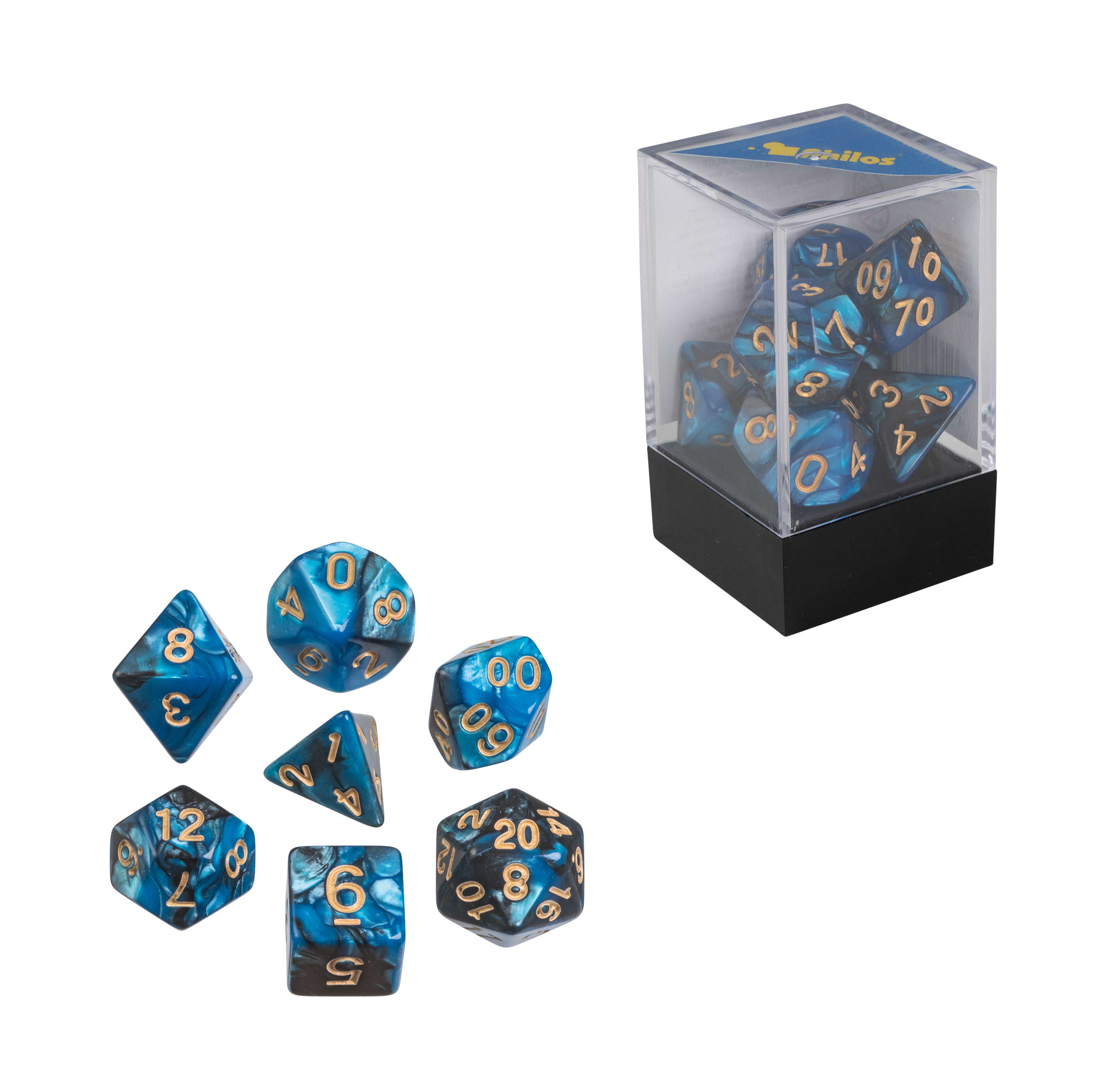 Dice, oblivion, blue, Set of 7 in acrylic box