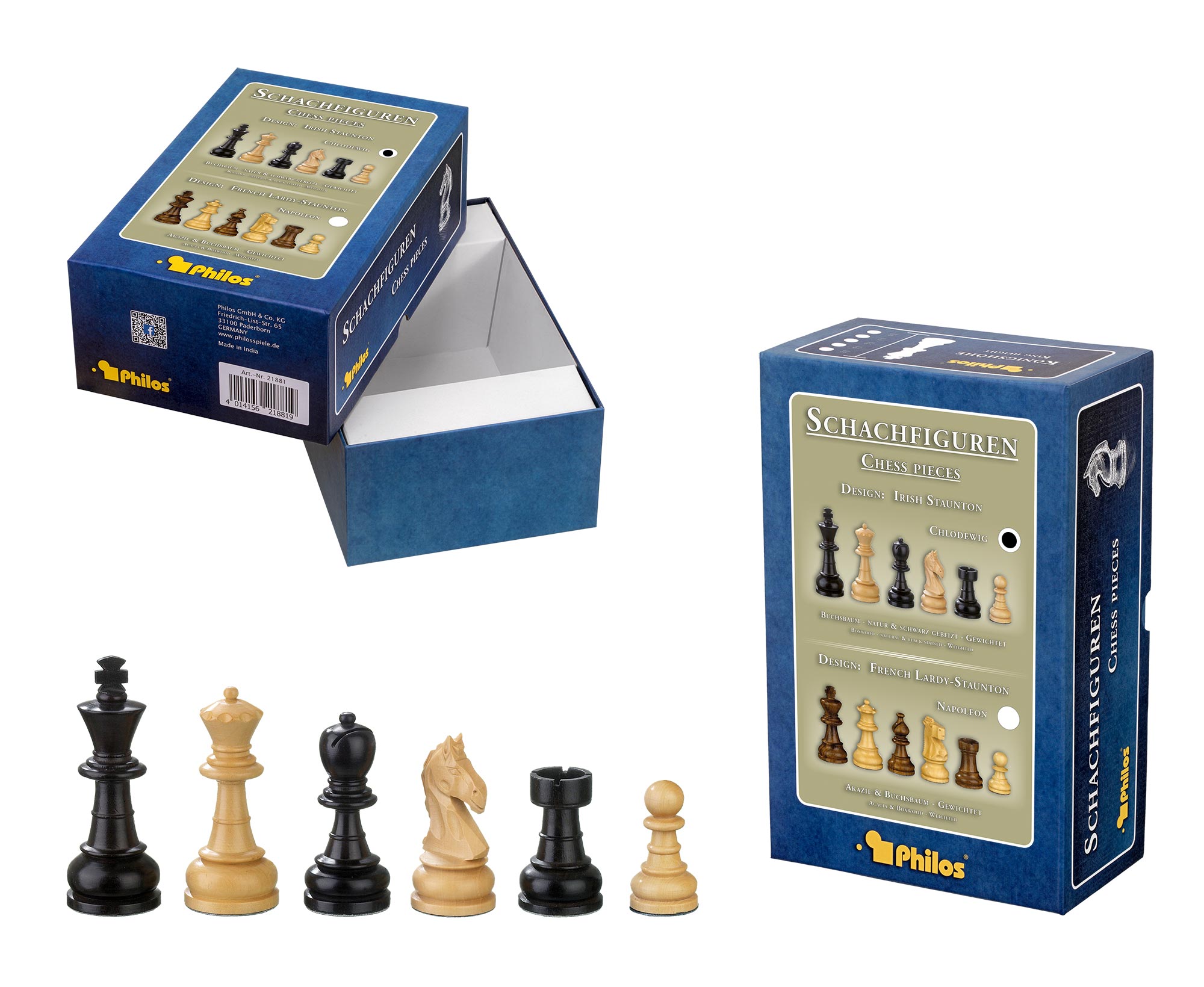 Chess pieces Chlodewig, king height 83 mm, in set-up box