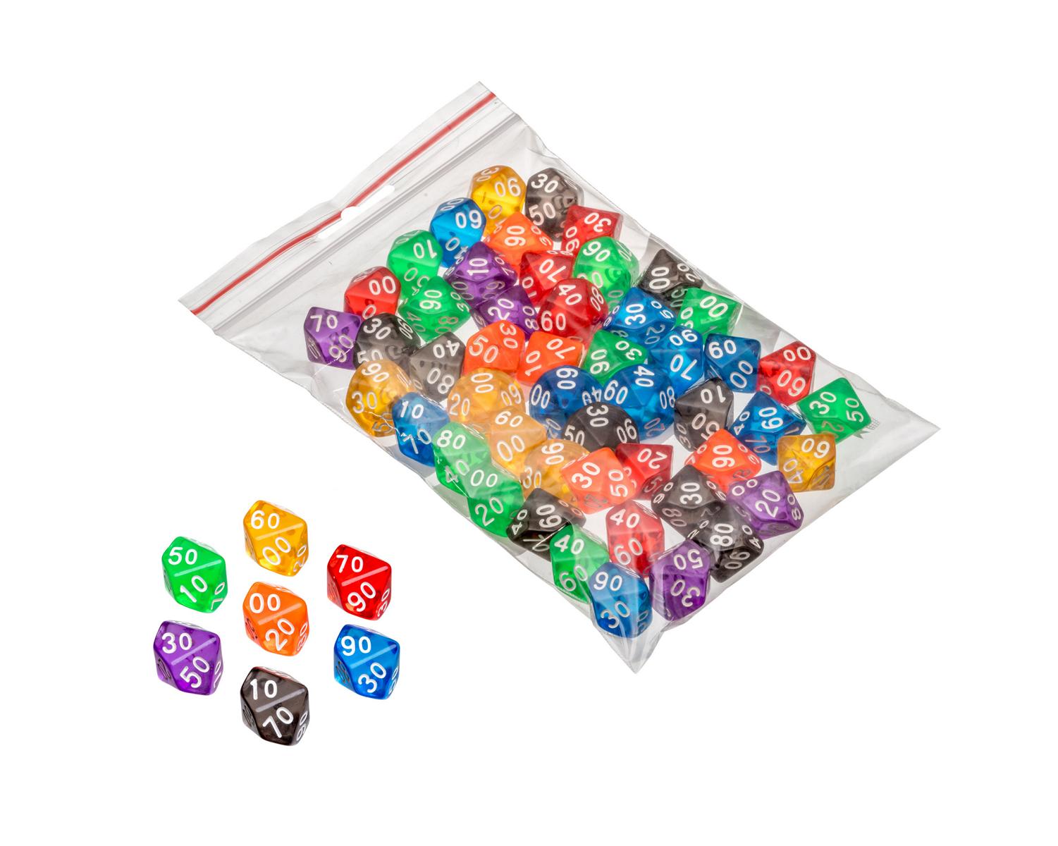 Dice, 10-sided, 100er, transparent, 50 pieces in polybag