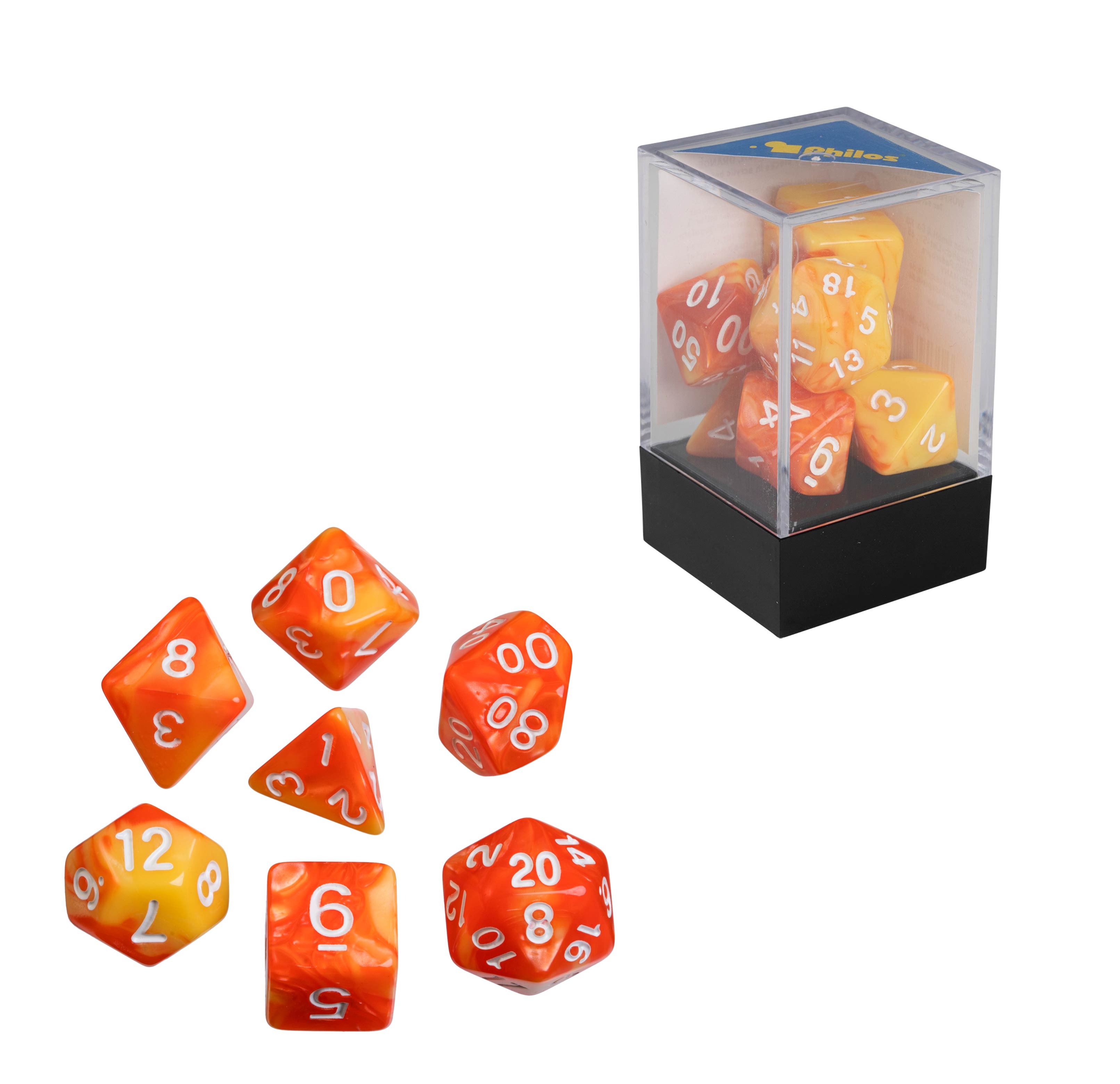 Dice, oblivion, orange, Set of 7 in acrylic box