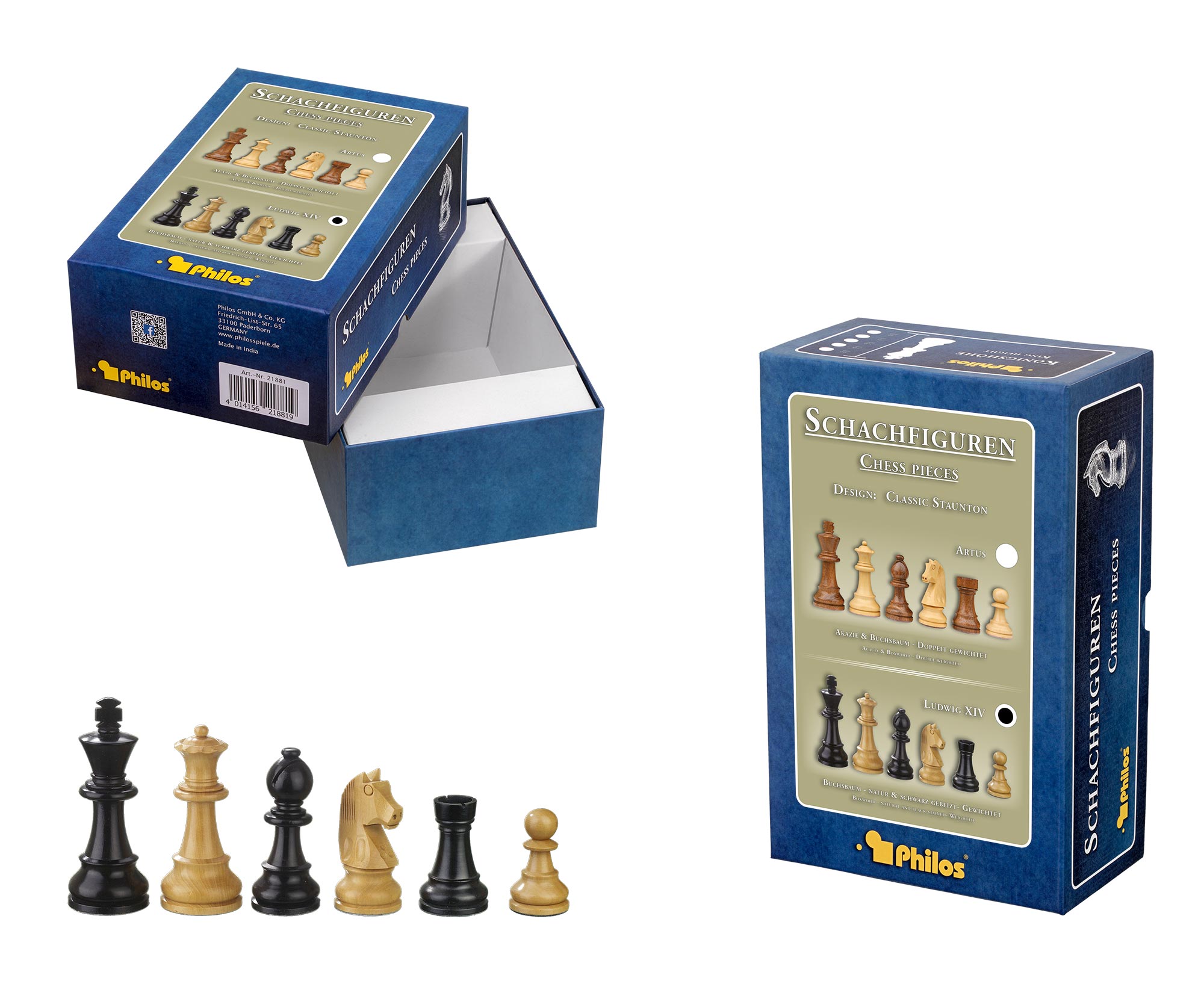 Chess pieces Ludwig XIV, king height 70 mm, in set-up box