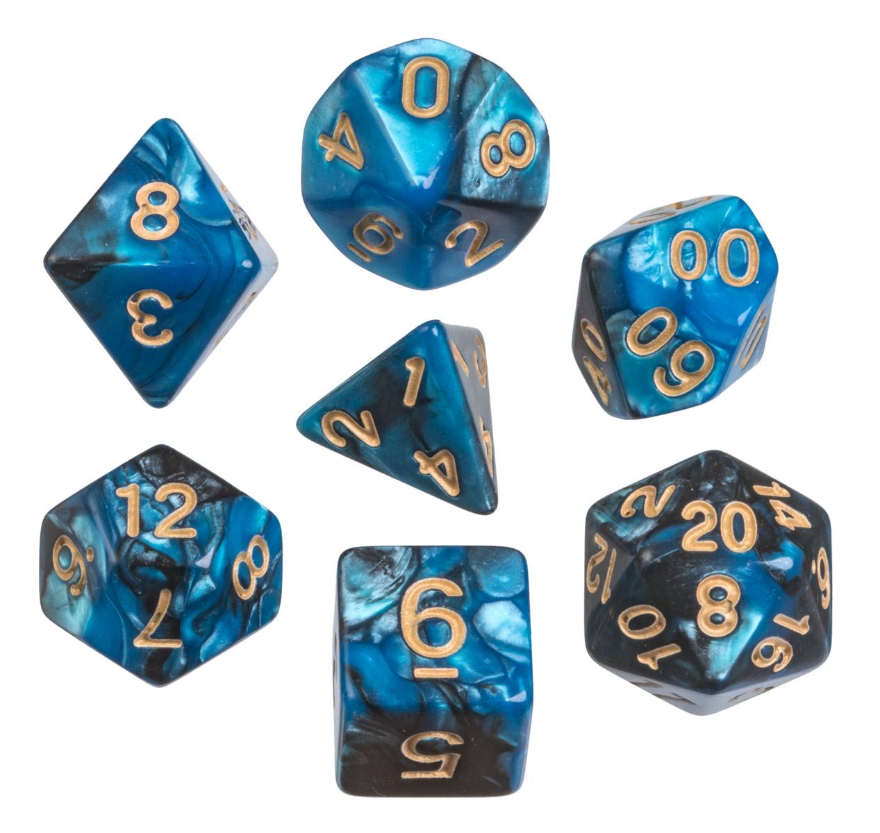 Dice, oblivion, blue, Set of 7 in acrylic box
