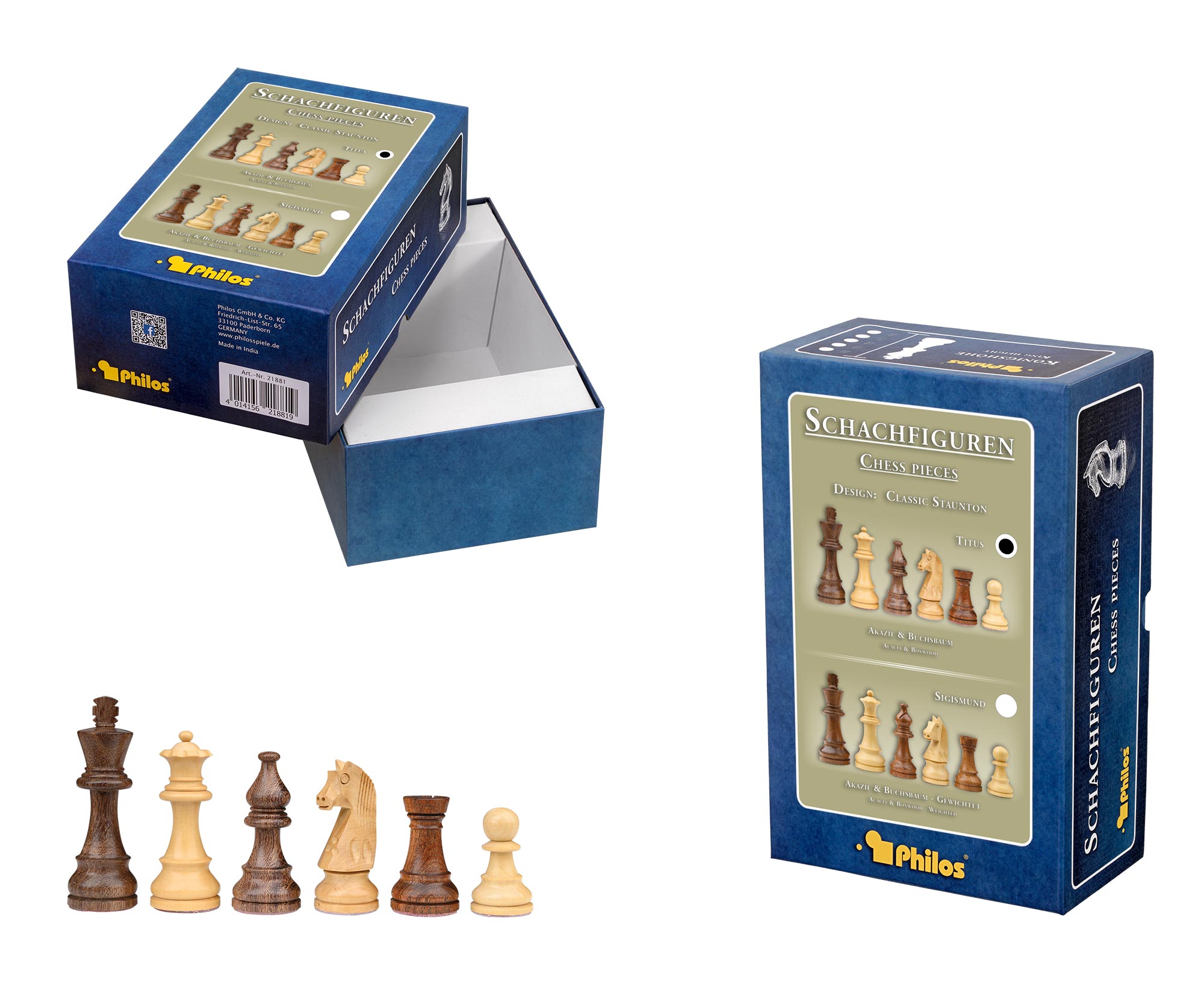 Chess pieces Titus, king height 65 mm, in set-up box