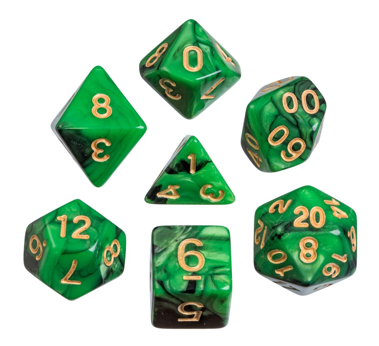 Dice, oblivion, green, Set of 7 in acrylic box