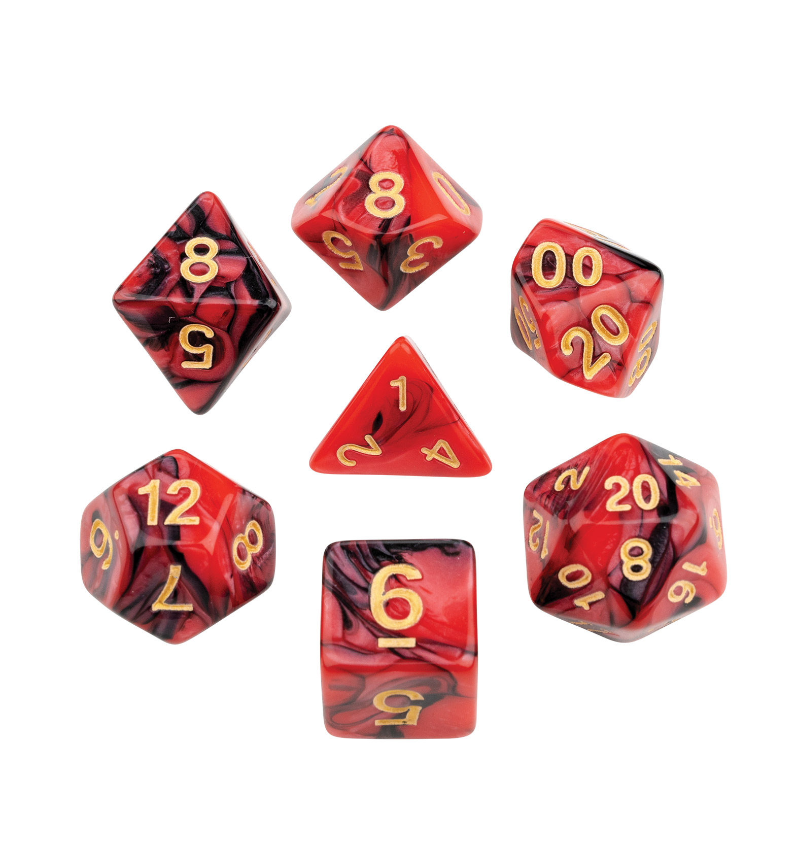 Dice, oblivion, red, 7 pieces in polybag