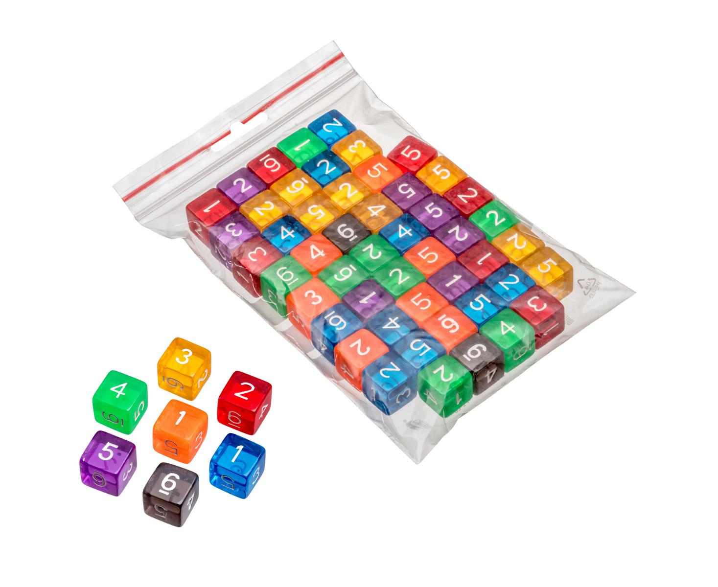 Dice, 6 sided, transparent, 50 pieces in polybag