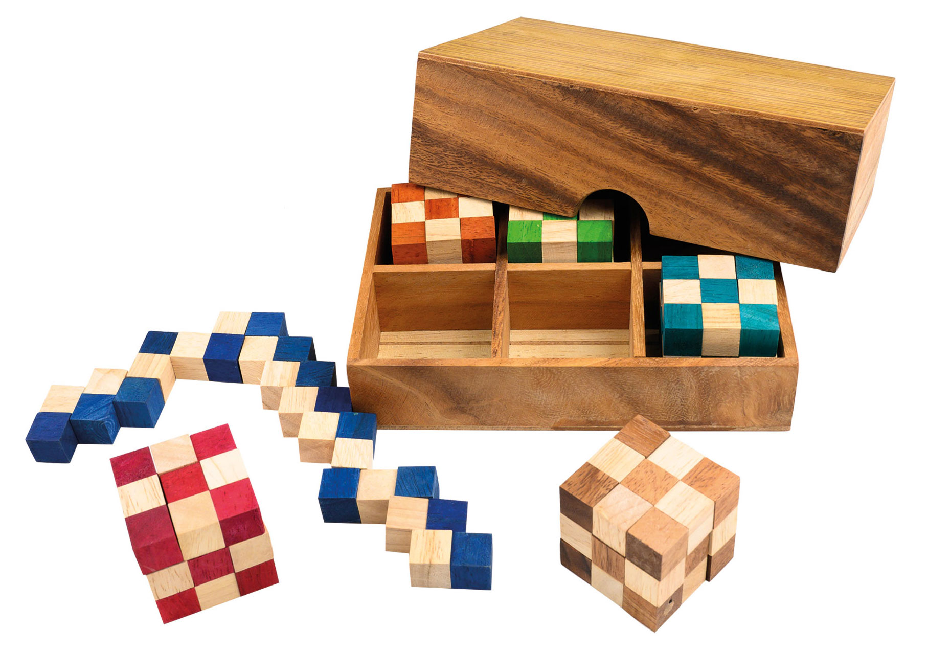 Snake cube set, in wooden box, 6 pieces