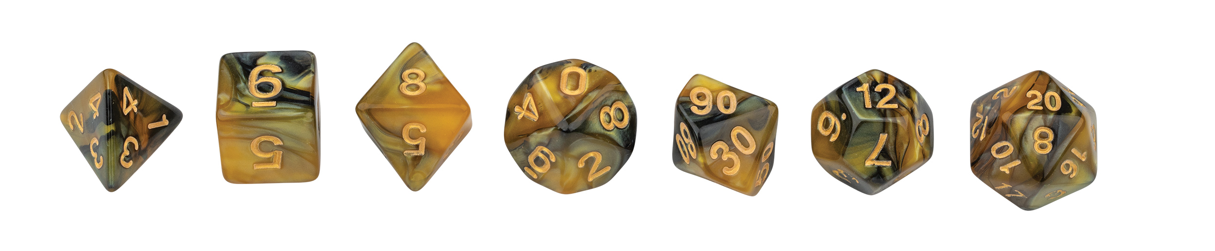 Dice, oblivion, yellow, 7 pieces in polybag
