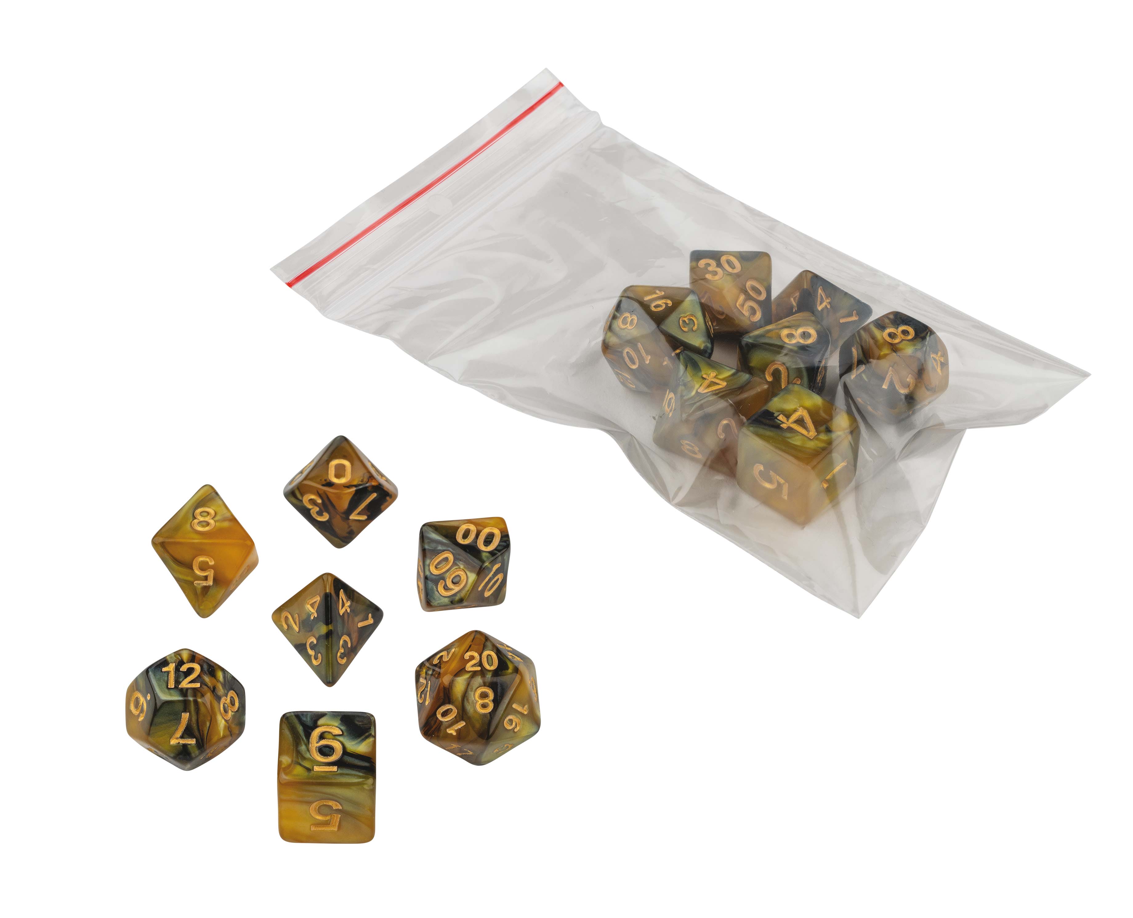 Dice, oblivion, yellow, 7 pieces in polybag