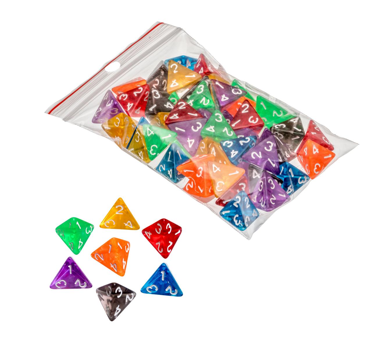 Dice, 4 sided, transparent, 50 pieces in polybag