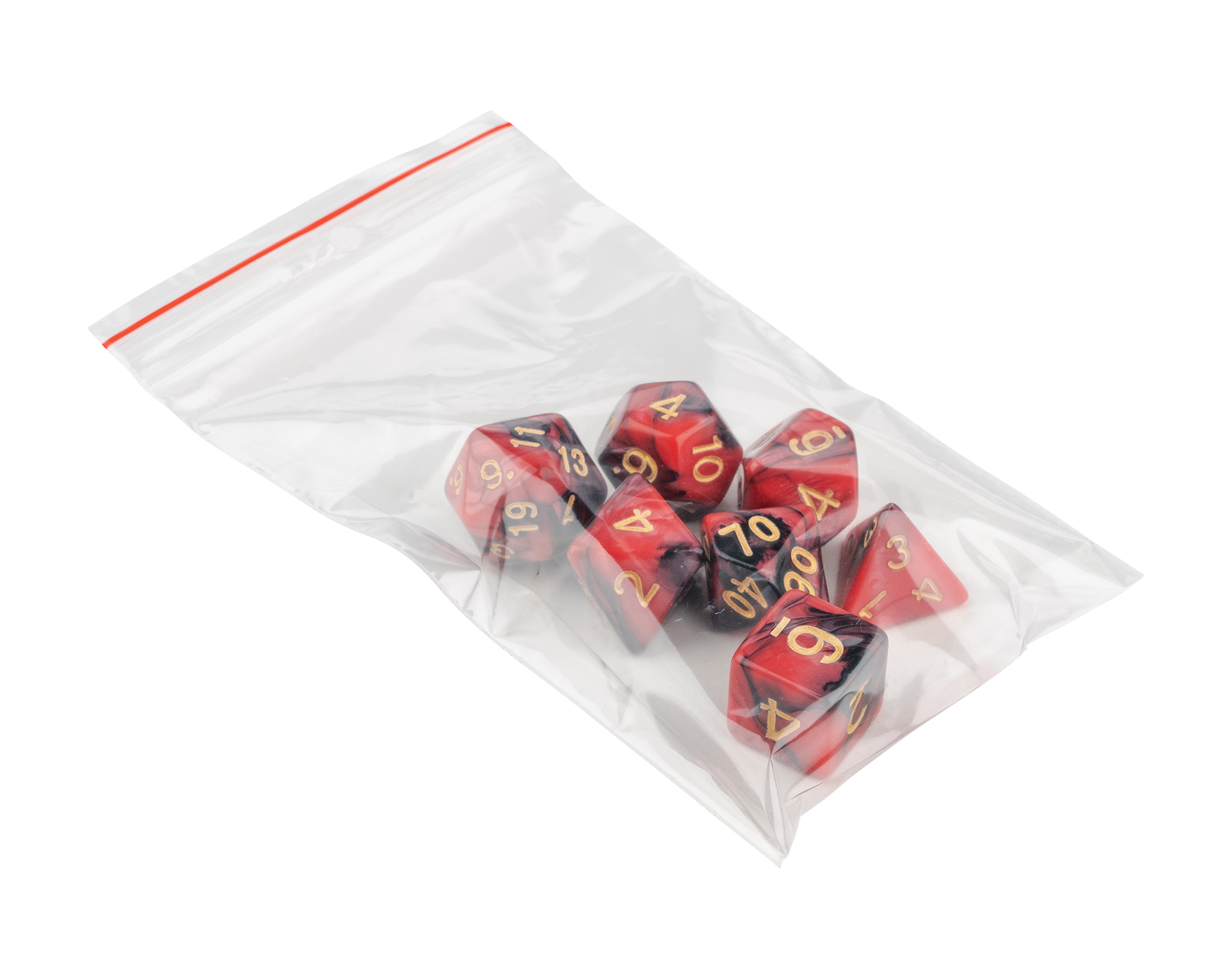 Dice, oblivion, red, 7 pieces in polybag