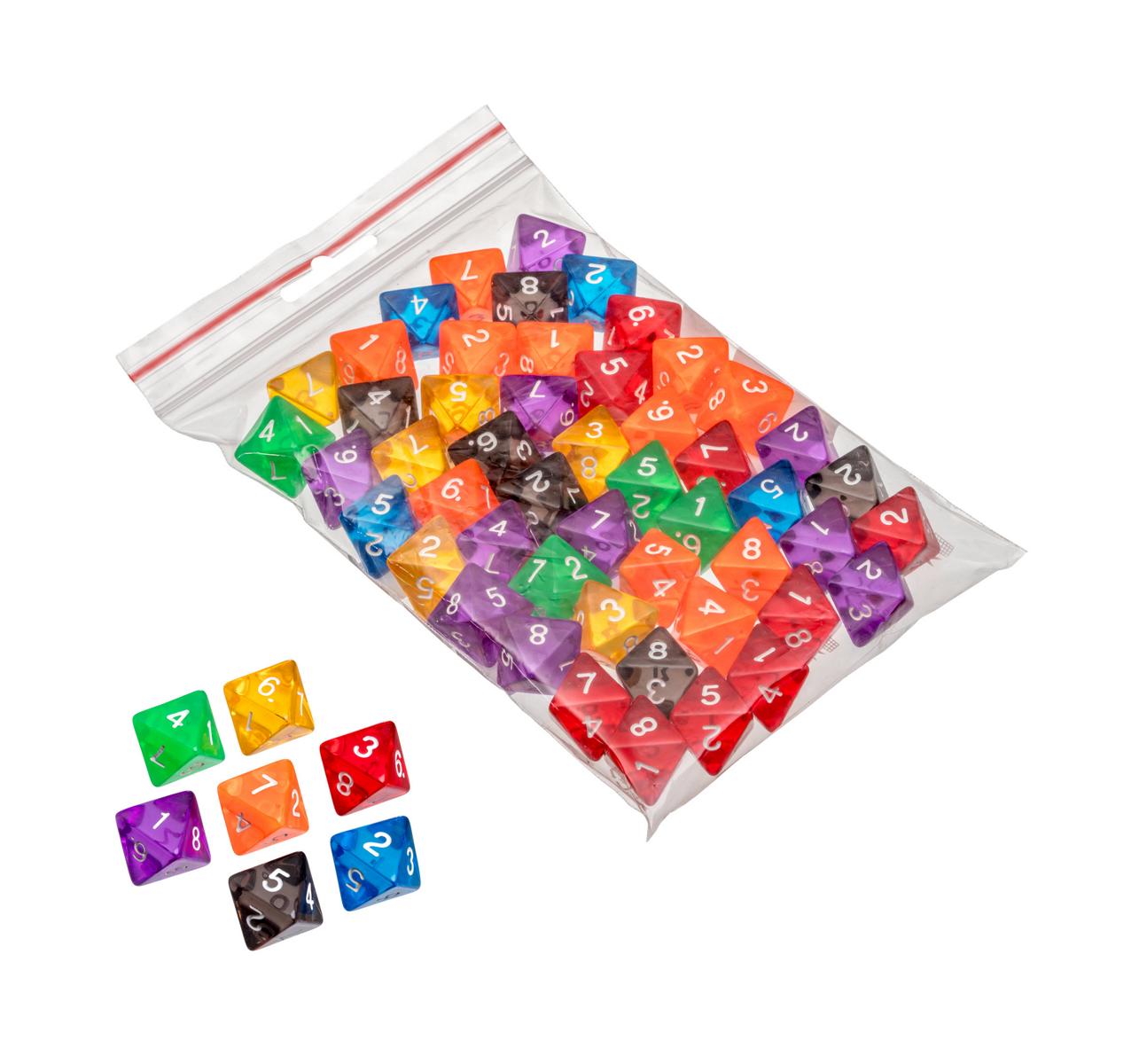 Dice, 8 sided, transparent, 50 pieces in polybag