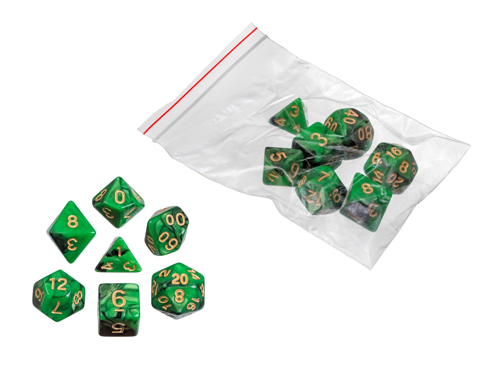 Dice, oblivion, green, 7 pieces in polybag