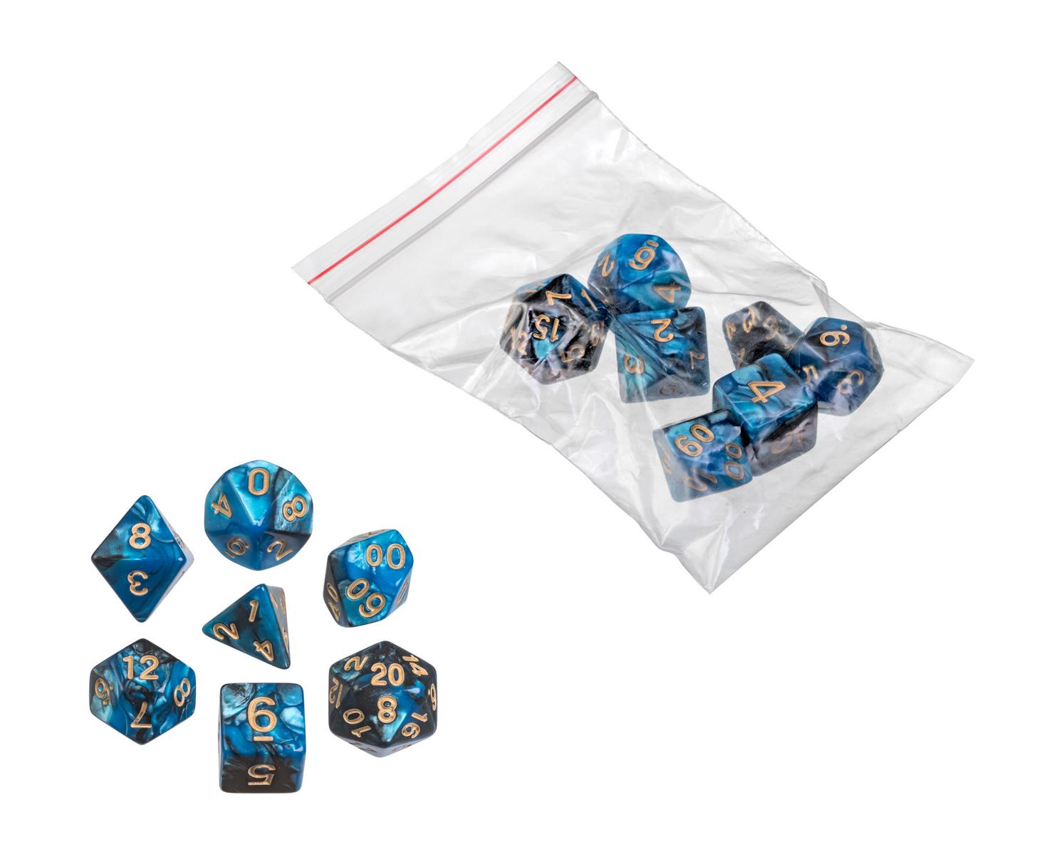 Dice, oblivion, blue, 7 pieces in polybag