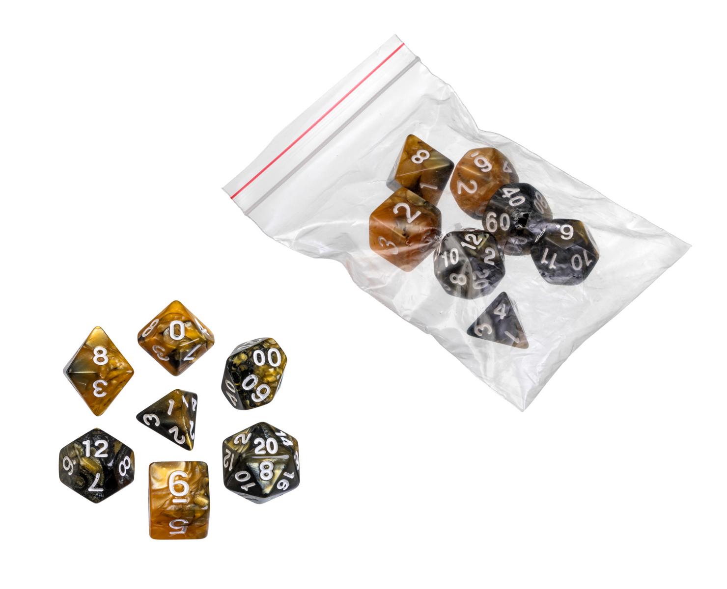 Dice, oblivion, yellow, 7 pieces in polybag
