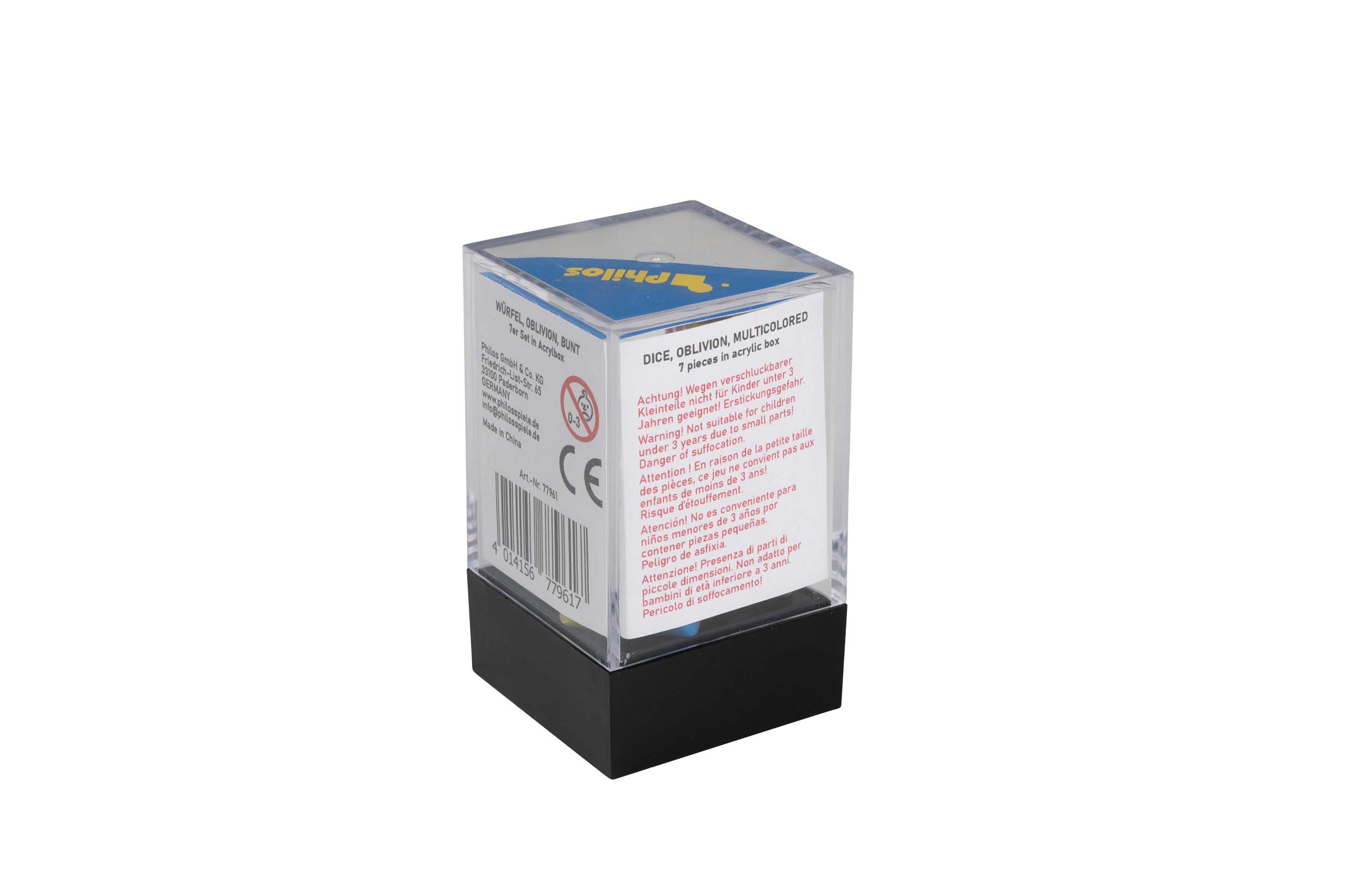 Dice, oblivion, multicolored, Set of 7 in acrylic box