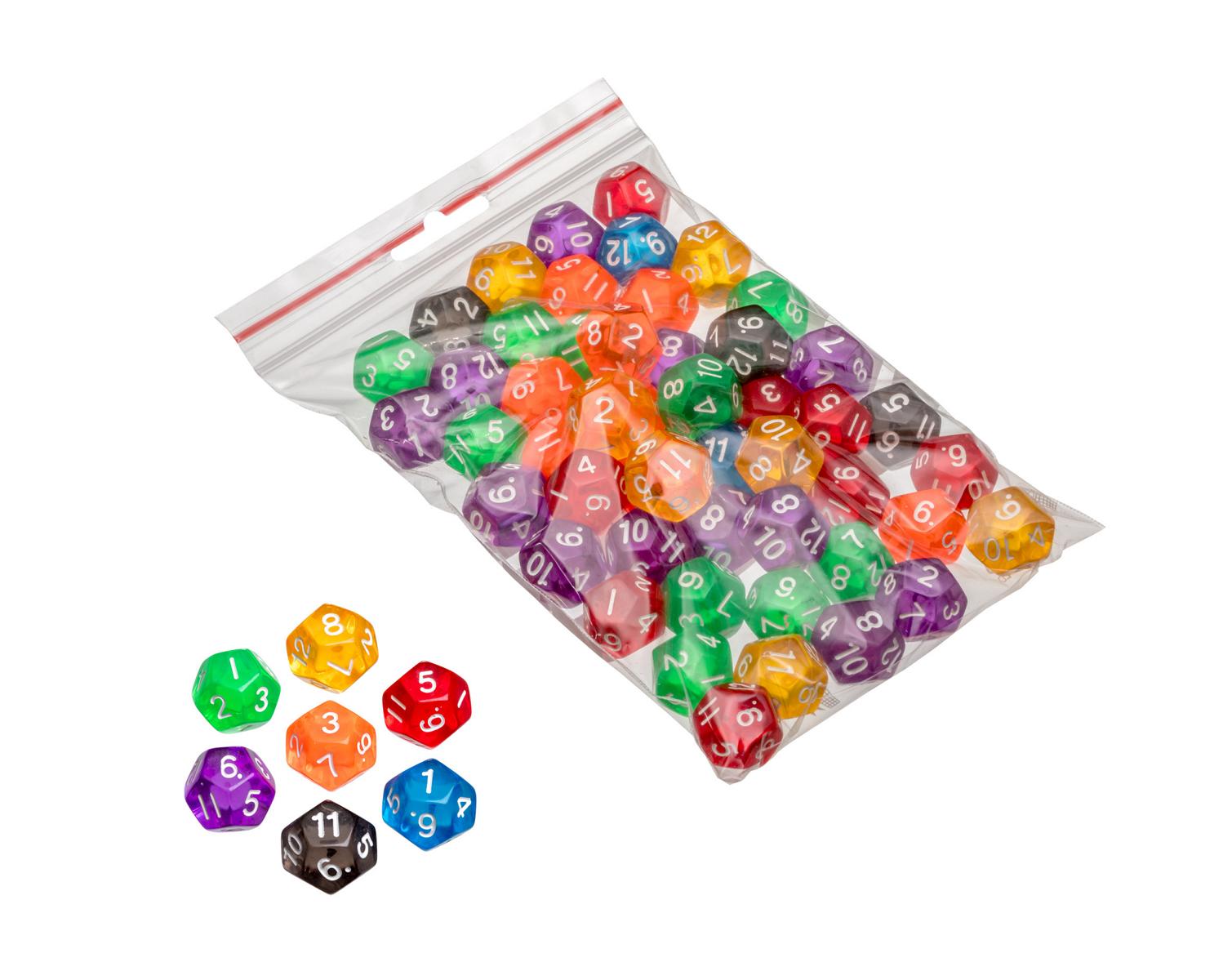 Dice, 12 sided, transparent, 50 pieces in polybag