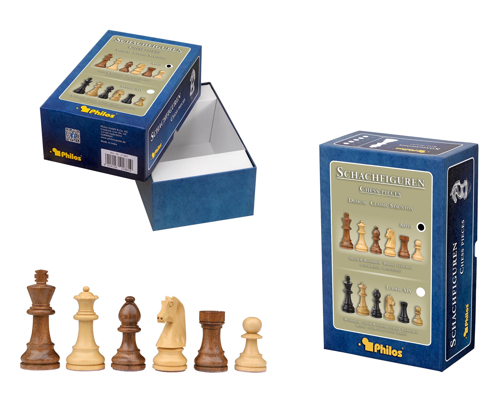 Chess pieces Artus, king height 90 mm, in set-up box