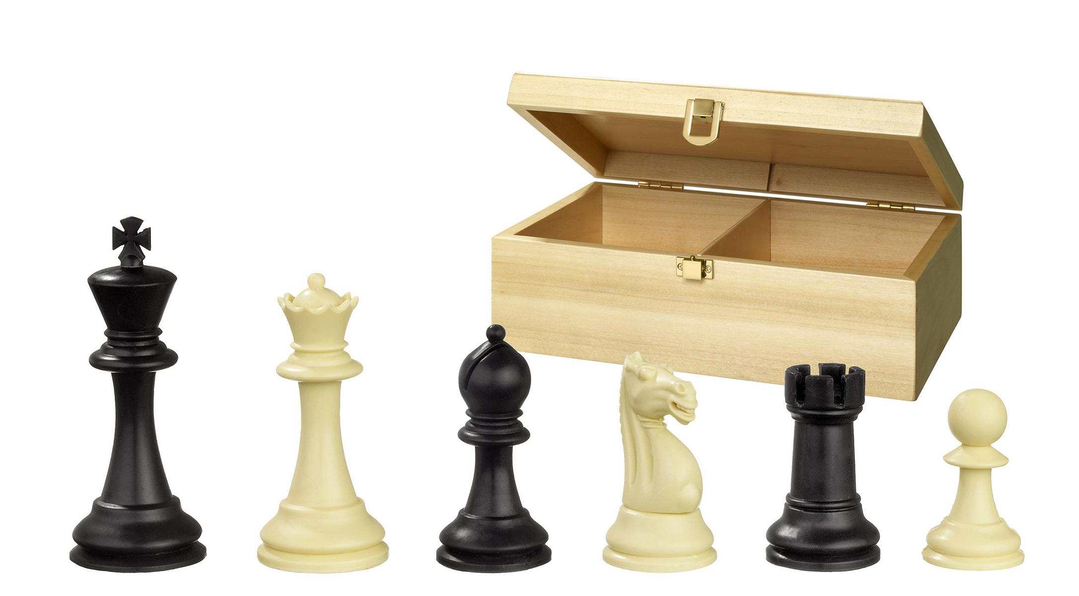 Schachfiguren Nerva, Königshöhe 95 mm, Kunststoff, schwarz creme, gewichtet, in Holzbox