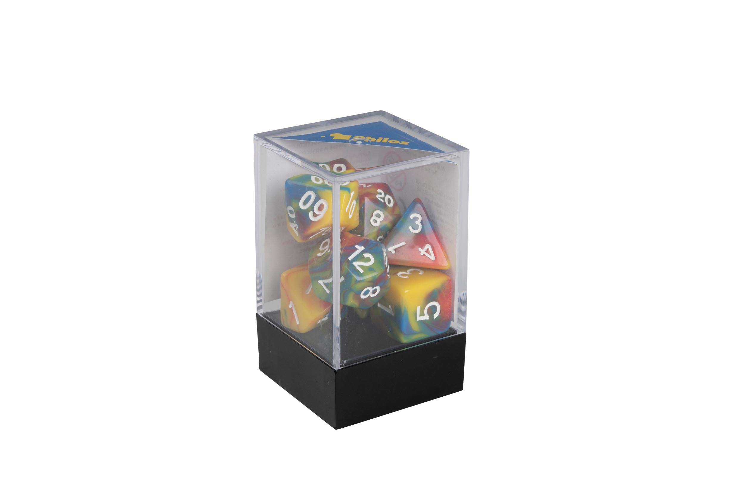 Dice, oblivion, multicolored, Set of 7 in acrylic box
