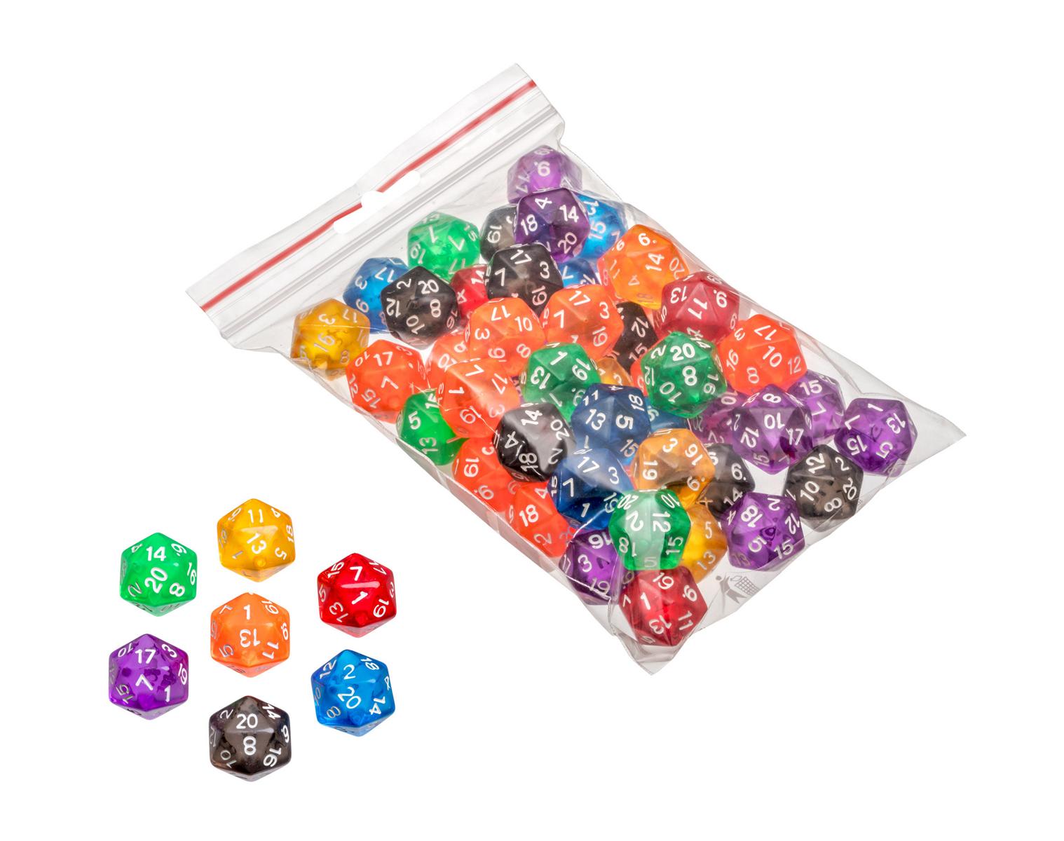 Dice, 20 sided, transparent, 50 pieces in polybag
