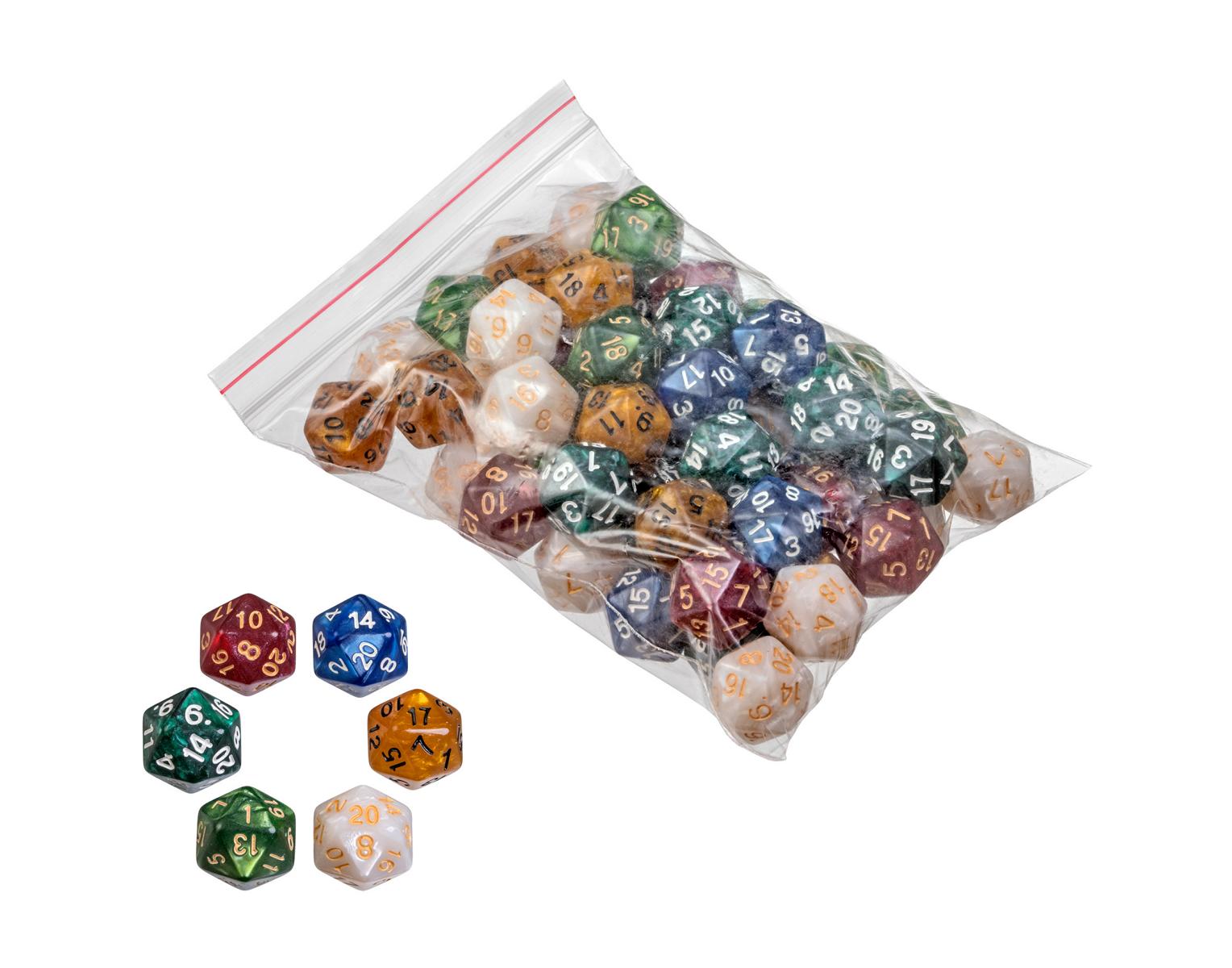 Dice, 20 sided, pearl, 50 pieces in polybag