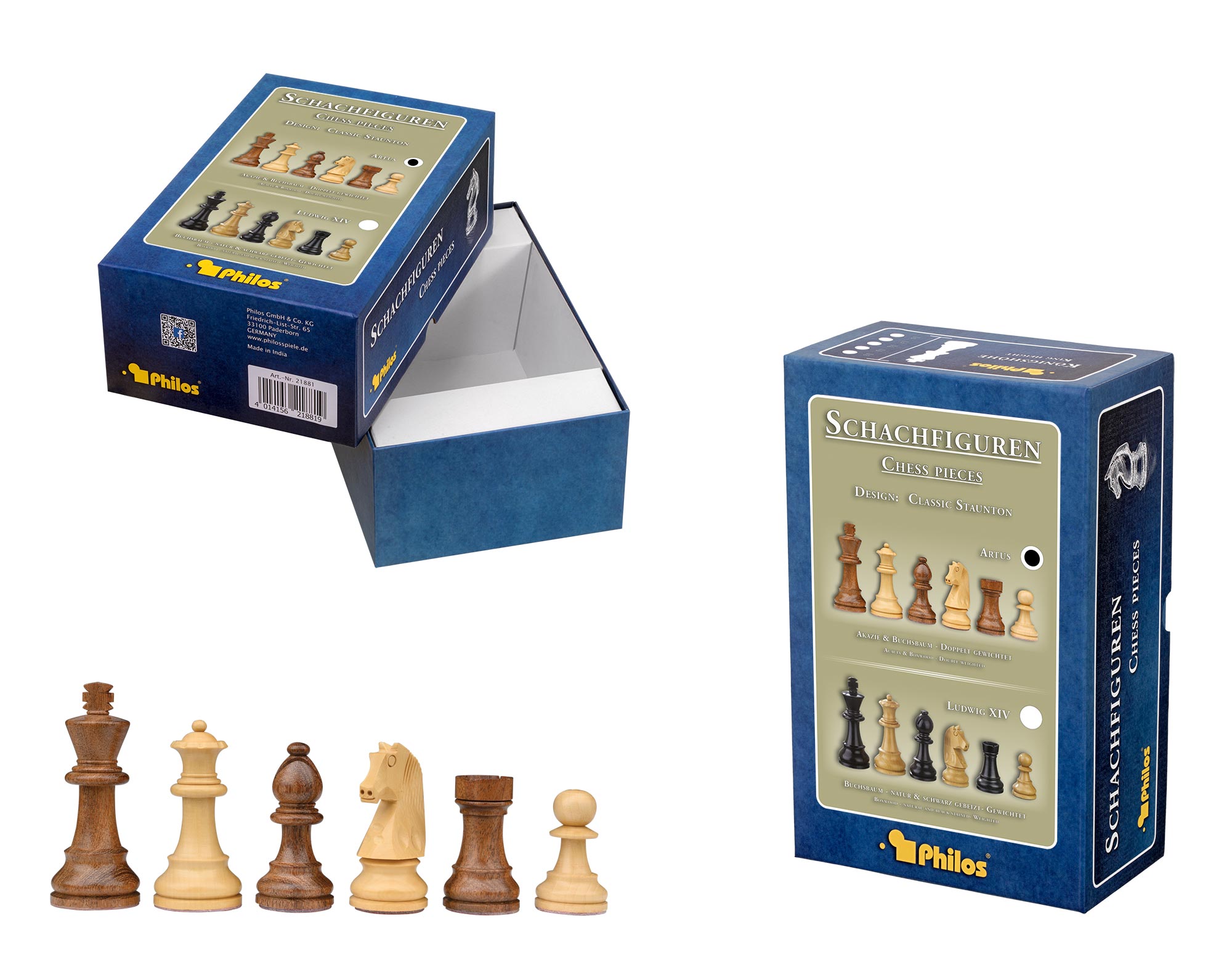 Chess pieces Artus, king height 83 mm, in set-up box