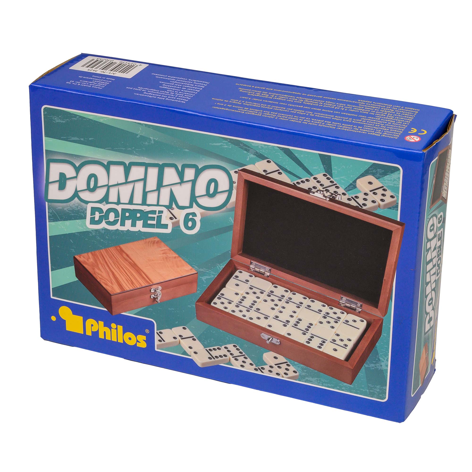 Domino, double 6, in olive wood box