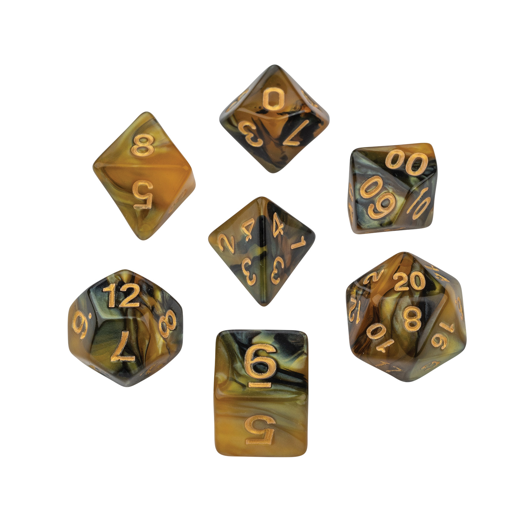 Dice, oblivion, yellow, 7 pieces in polybag