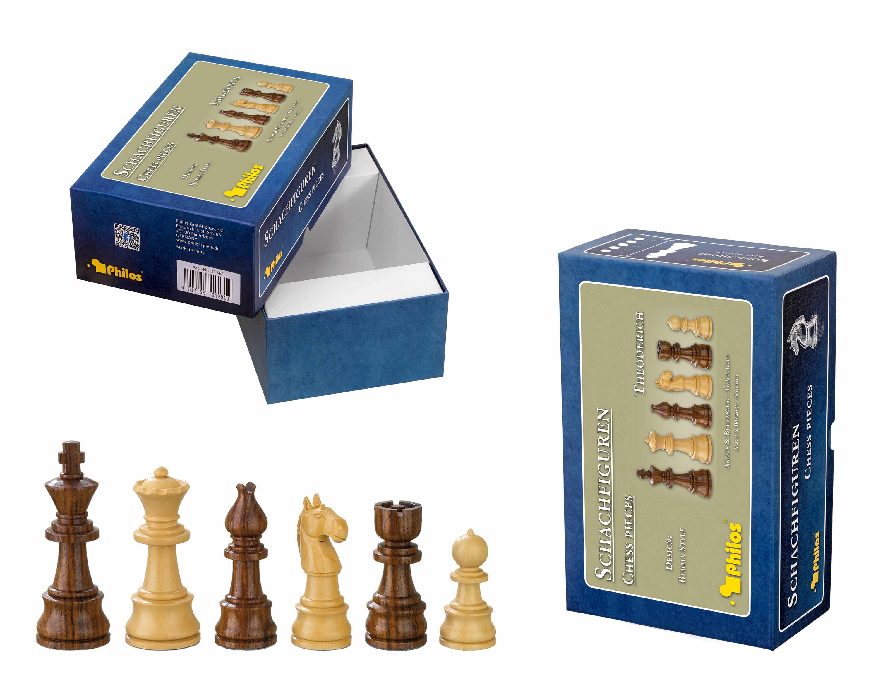 Chess pieces Theoderich, king height 95 mm, in set-up box