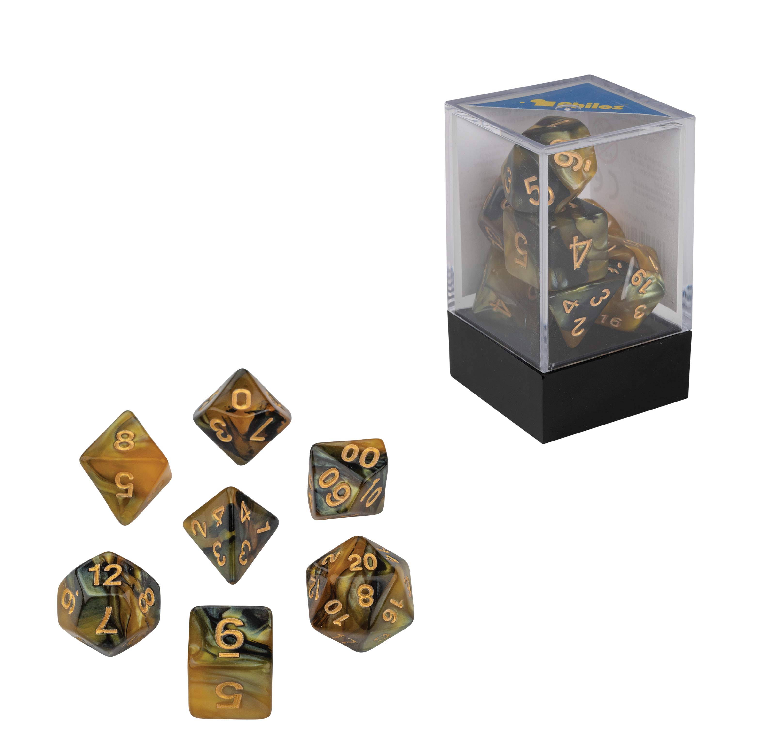 Dice, oblivion, yellow, Set of 7 in acrylic box