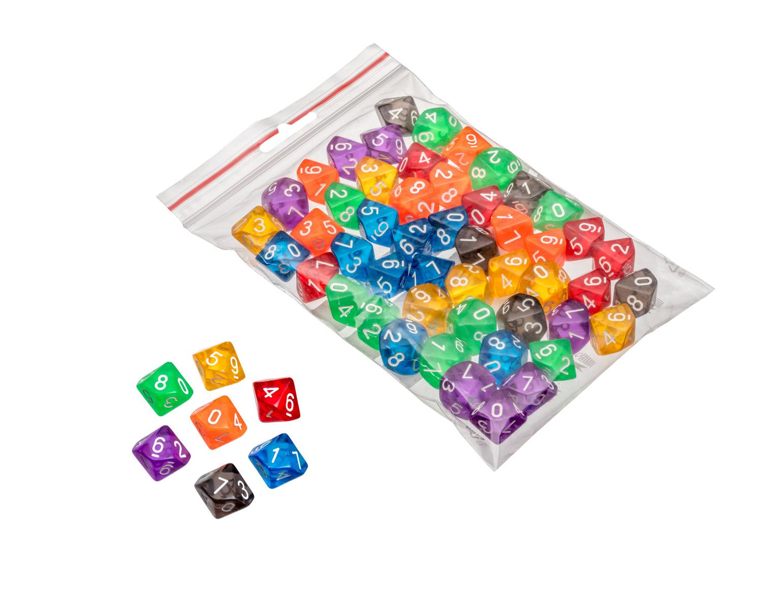 Dice, 10 sided, transparent, 50 pieces in polybag