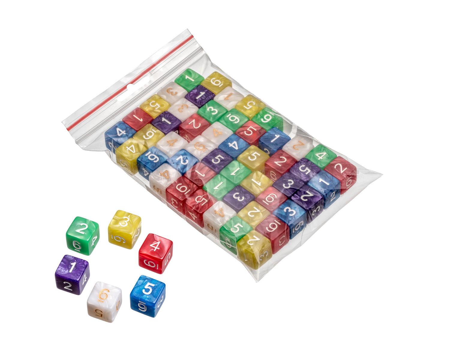 Dice, 6 sided, pearl, 50 pieces in polybag