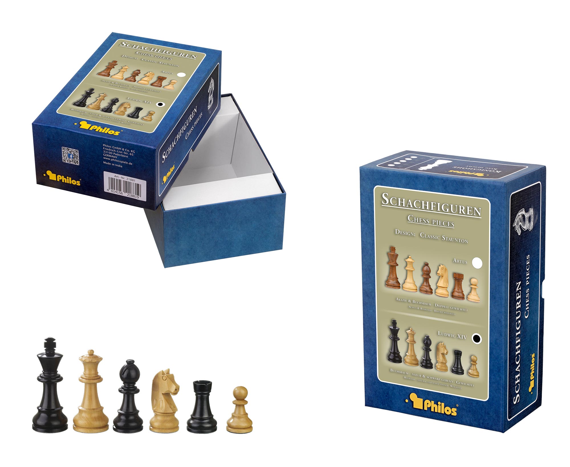 Chess pieces Ludwig XIV, king height 65 mm, in set-up box
