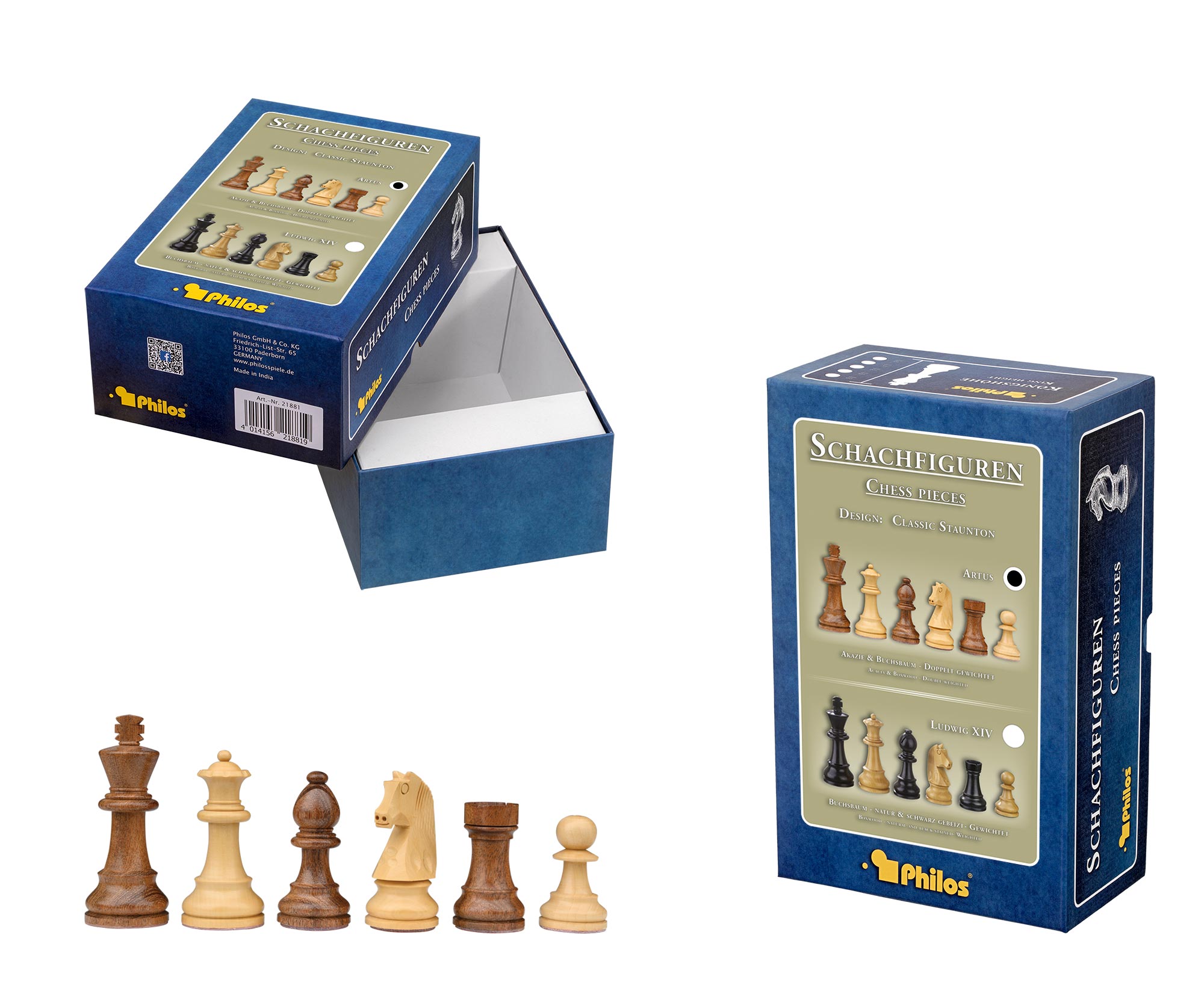 Chess pieces Artus, king height 95 mm, in set-up box